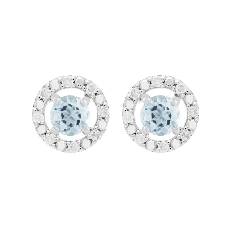 Boucles d'Oreilles Clou Aigue-Marine Classique Or Blanc 375 et Ear-Jacket Rond Diamant