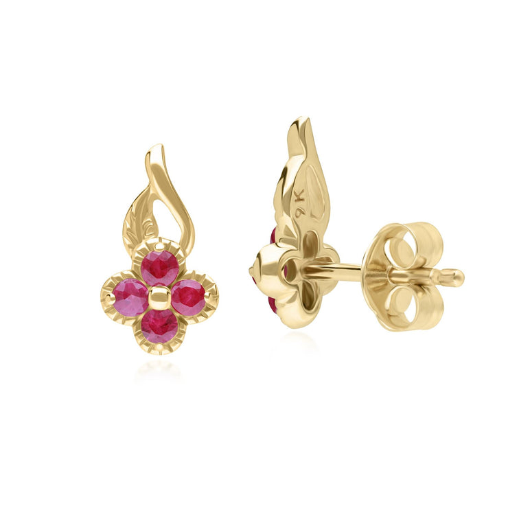 Boucles d'oreilles Clou Floral Or Jaune 375 avec Rubis Rond