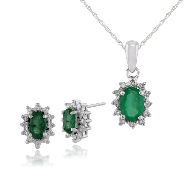 Pendentif et Boucles d'Oreilles Clou Classique Or Blanc 375 Emeraude Oval et Diamant halo