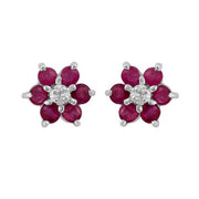 Pendentif et Boucles d'Oreilles Clou Floral Or Blanc 375 Rubis et Diamant Cluster