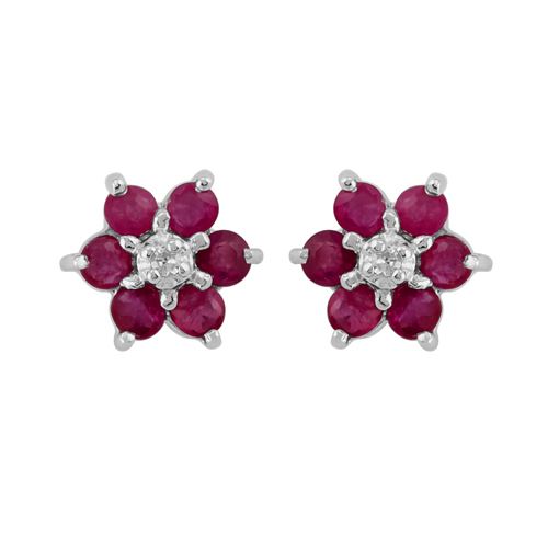 Pendentif et Boucles d'Oreilles Clou Floral Or Blanc 375 Rubis et Diamant Cluster