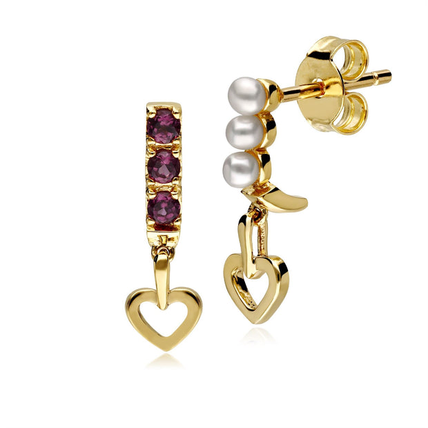 Boucles d’Oreilles Cœur Pendantes Asymétriques avec Perles de Cultures et Rhodolites