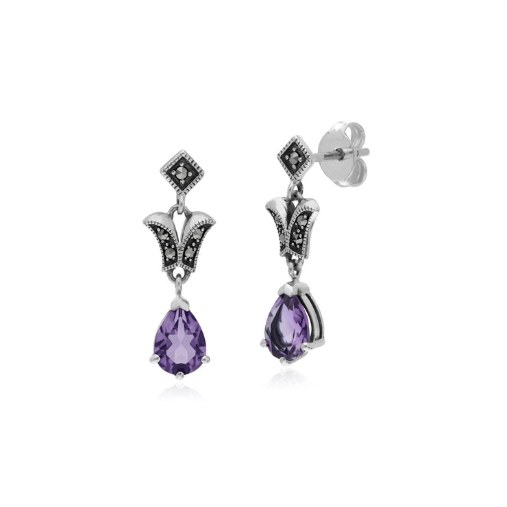 Boucles D'Oreilles Améthystes, Argent Sterling Améthyste & Marcassite Poire Art Nouveau Boucles D'Oreilles Goutte