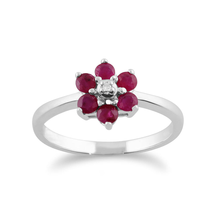 Boucles d'Oreilles Pendantes et Bague Floral Or Blanc 375 Rubis et Diamant