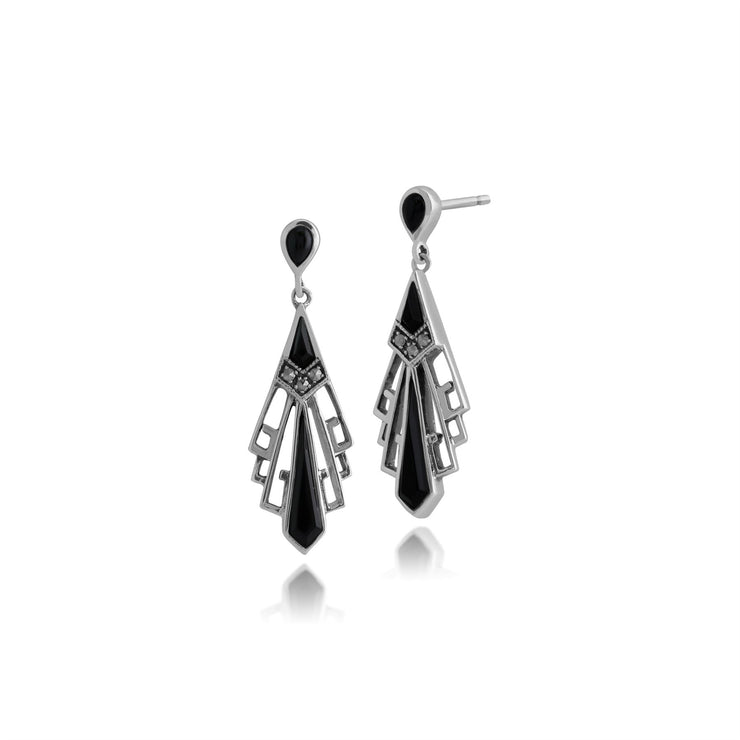 Boucles d'Oreilles Pendantes Style Art Déco Eventail Argent 925 Onyx Noire et Marcassite