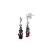 Boucles d'Oreilles Pendantes Style Art Déco Argent 925 Grenat Poire et Marcassite