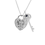 Pendentif Classique Cadenas Cœur Torsadé Argent 925 et Charms Grande Clé Saphir