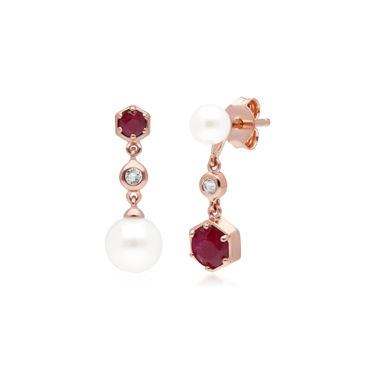 Boucles d'Oreilles Pendantes Asymétriques Perle Moderne Argent 925 Plaqué Or Perle, Rubis et Topaze