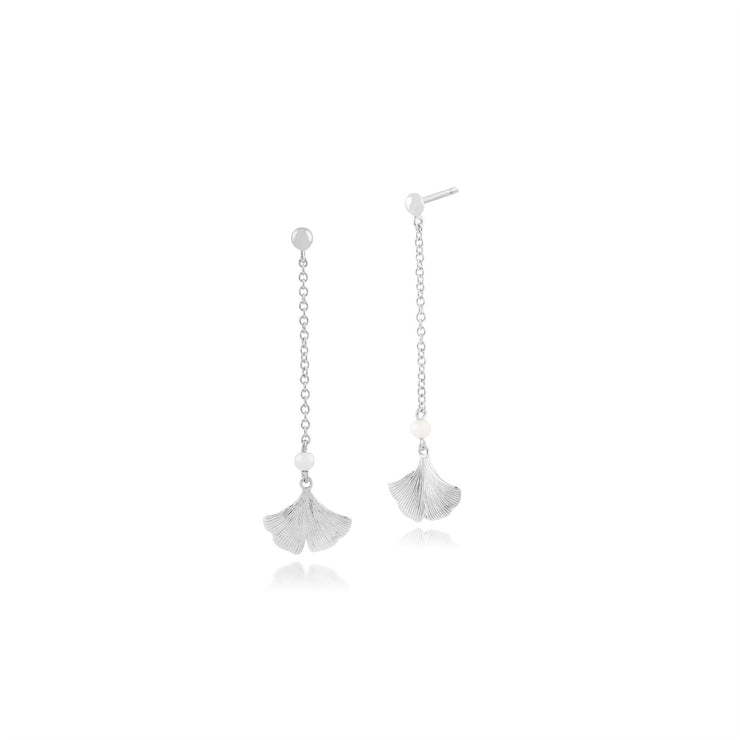 Pendentif et Boucles d'Oreilles Pendantes Feuille de Gingko Floral Argent 925 Perle Ronde