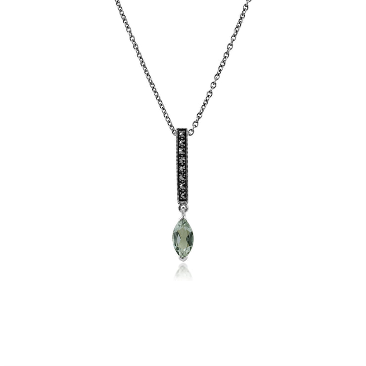 Collier Barre Style Art Déco Argent 925 Quartz Marquise Vert et Marcassite