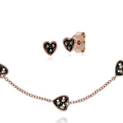 Boucles d'Oreilles Clou et Bracelet Cœur Argent 925 Plaqué Or Rose Marcassite