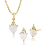 Pendentif et Boucles d'Oreilles Clou Cœur Classique Or Jaune 375 Opale et Diamant
