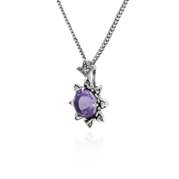 Collier Floral Argent 925 Améthyste Rond et Marcassite