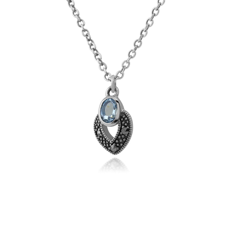 Collier Style Art Déco Argent 925 Aigue-Marine Oval et Marcassite