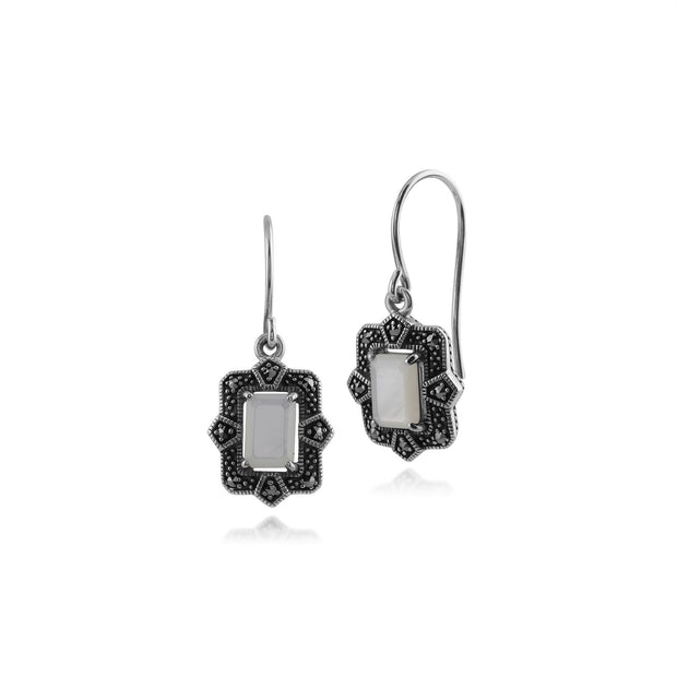 Boucles d'Oreilles Pendantes et Bague Style Art Déco Argent 925 Nacre Baguette et Marcassite sertis Clos