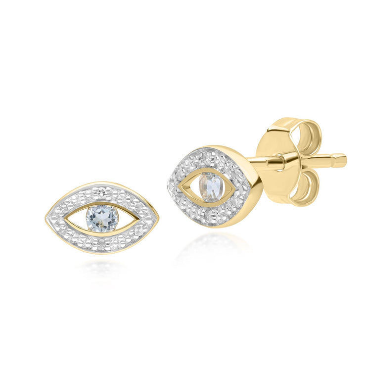 ECFEW™ Boucles d'Oreilles Clou Evil Eye Délicat Topaz Bleu et Diamants en Or Jaune 375