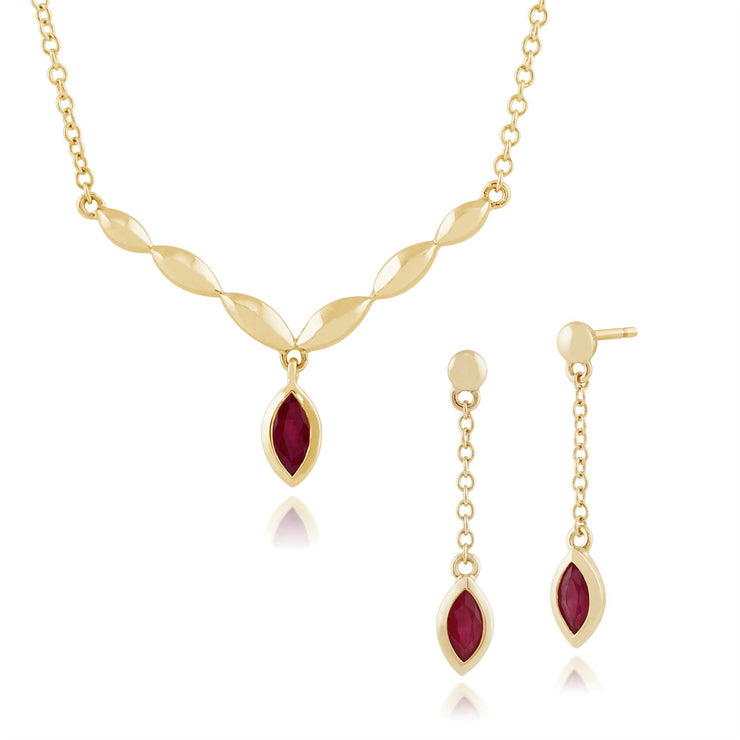 Collier et Boucles d'Oreilles Pendantes Classique Or Jaune 375 Rubis Marquise