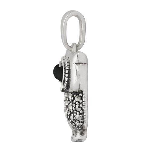 Pendentif et Boucles d'Oreilles Pendantes Chouette Style Art Nouveau Argent 925 Onyx Noir Ronde