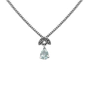 Collier et Boucles d'Oreilles Clou Feuille Style Art Déco Argent 925 Aigue-Marine Poire et Marcassite
