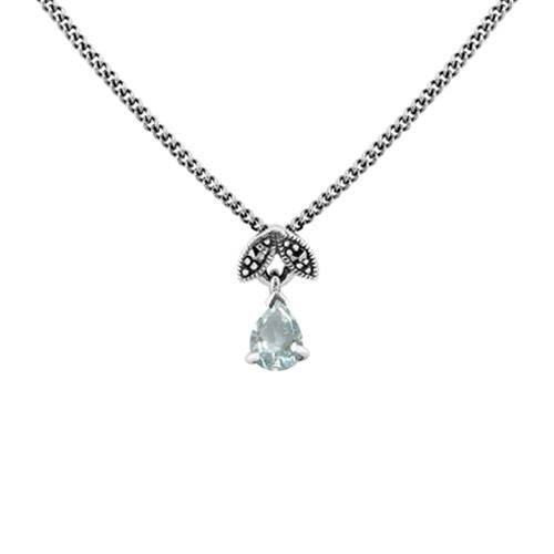 Collier et Boucles d'Oreilles Clou Feuille Style Art Déco Argent 925 Aigue-Marine Poire et Marcassite