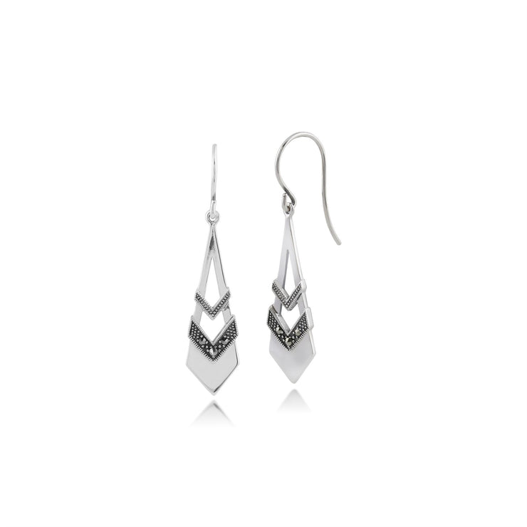 Boucles d'Oreilles Pendantes Style Art Déco Eventail Ajouré Argent 925 Opale Rondes et Marcassites