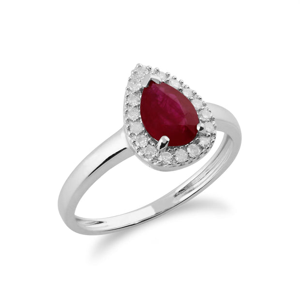 Bague Classique Or Blanc 375 Rubis Poire et Diamand halo