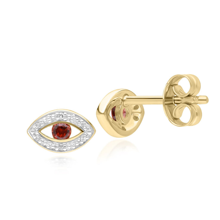 ECFEW™ Boucles d'Oreilles Clou Evil Eye Délicat Grenat et Diamants en Or Jaune 375