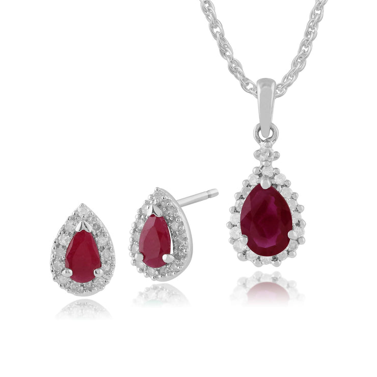 Pendentif et Boucles d'Oreilles Clou Classique Or Blanc 375 Rubis Poire et Diamant Halo
