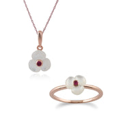 Pendentif et Bague Coquelicot Floral Argent 925 Plaqué Or Rose Rubis Rond et Nacre