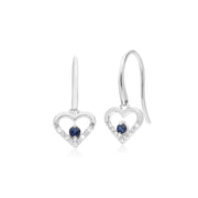 9 ct or Blanc Unique Saphir et Diamant Boucles D'Oreilles Cœur Ouvert