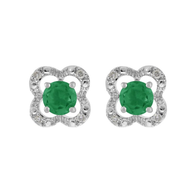 Boucles d'Oreilles Clou Emeraude Classique Or Blanc 375 et Ear-Jacket Fleur Diamant