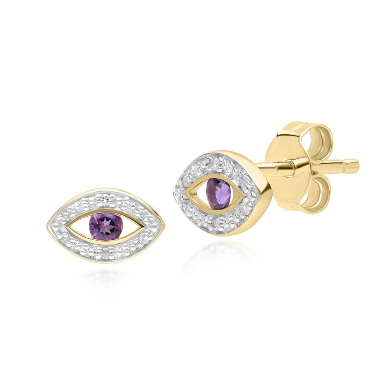 ECFEW™ Boucles d'Oreilles Clou Evil Eye Délicat Améthyste et Diamants en Or Jaune 375