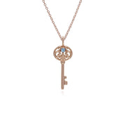 Pendentif Classique Cadenas Cœur Torsadé Argent 925 Plaqué Or Rose et Charms Grande Clé Aigue-Marine