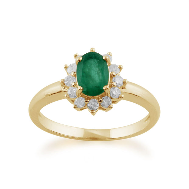 Gemondo Émeraude Bague, 9 CT or Jaune 0.83ct Émeraude & Diamant Ovale Classique Bague Grappe