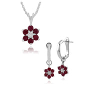 Collier et Boucles d'Oreilles Pendantes Floral Or Blanc 375 Rubis et Diamant