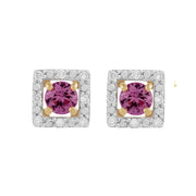 Boucles d'Oreilles Clou Saphir Rose Classique Or Jaune 375 et Ear-Jacket Carré Diamant