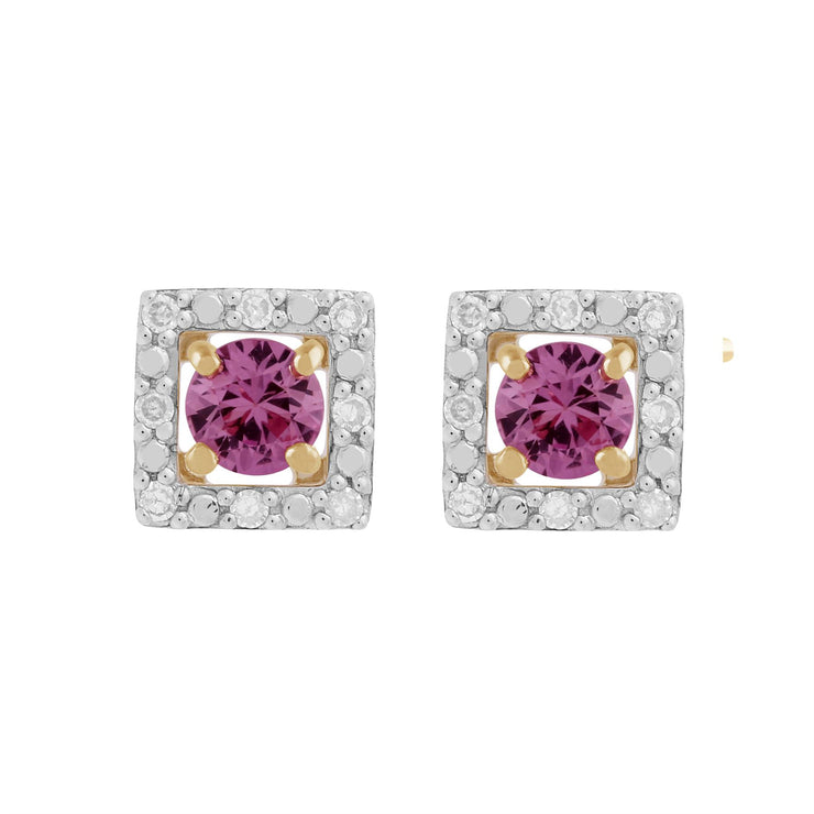 Boucles d'Oreilles Clou Saphir Rose Classique Or Jaune 375 et Ear-Jacket Carré Diamant