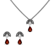 Collier et Boucles d'Oreilles Feuille Style Art Déco Argent 925 Grenat Poire et Marcassite