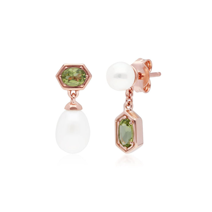 Boucles d'Oreilles Asymétrique Perle Moderne Argent 925 Doré à l'Or Fin Or Rose Perle et Péridot