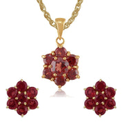 Pendentif et Boucles d'Oreilles Clou Floral Or Jaune 375 Grenat Rond Cluster