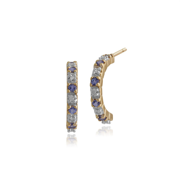 Boucles d'Oreilles Demi-Créoles Classique Or Jaune 375 Tanzanite Ronde et Diamant