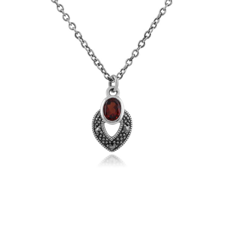 Collier et Boucles d'Oreilles Clou Style Art Déco Argent 925 Grenat Oval et Marcassite