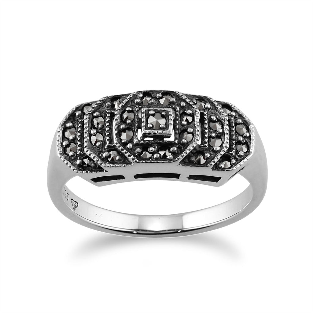 Alliance Style Art Déco En Argent Sterling Avec Grenats Et Marcassites - Taille 58 - Neuf Sans Boîte