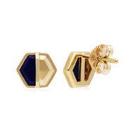 Boucles d'Oreilles Mini Clou Argent 925 Plaqué Or Lapis Lazuli Hexagone