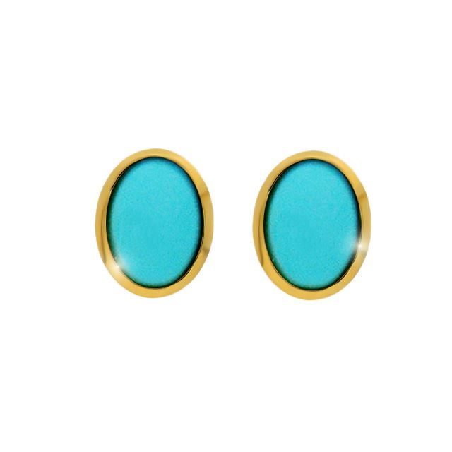 Boucles d'Oreilles Clou Classique Or Jaune 375 Turquoise Ovale