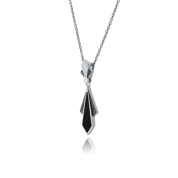 Collier Style Art Déco Argent 925 Onyx Noire Diamant, Nacre et Marcassite