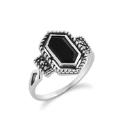 Gemondo - Bague Style Art Déco, Argent Pur 925 1.00ct Onyx Noir & Marcasite 4.8pt