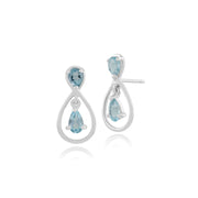 Boucles d'Oreilles Pendantes et Pendentif Classique Or Blanc 375 Topaze Bleue Poire Halo