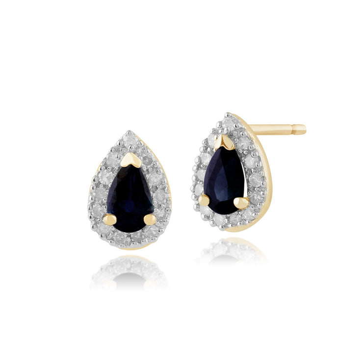 Pendentif et Boucles d'Oreilles Clou Classique Or Jaune 375 Saphir Poire et Diamant Halo
