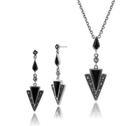 Collier et Boucles d'Oreilles Pendantes Traingle Style Art Déco Argent 925 Onyx Noire et Marcassite